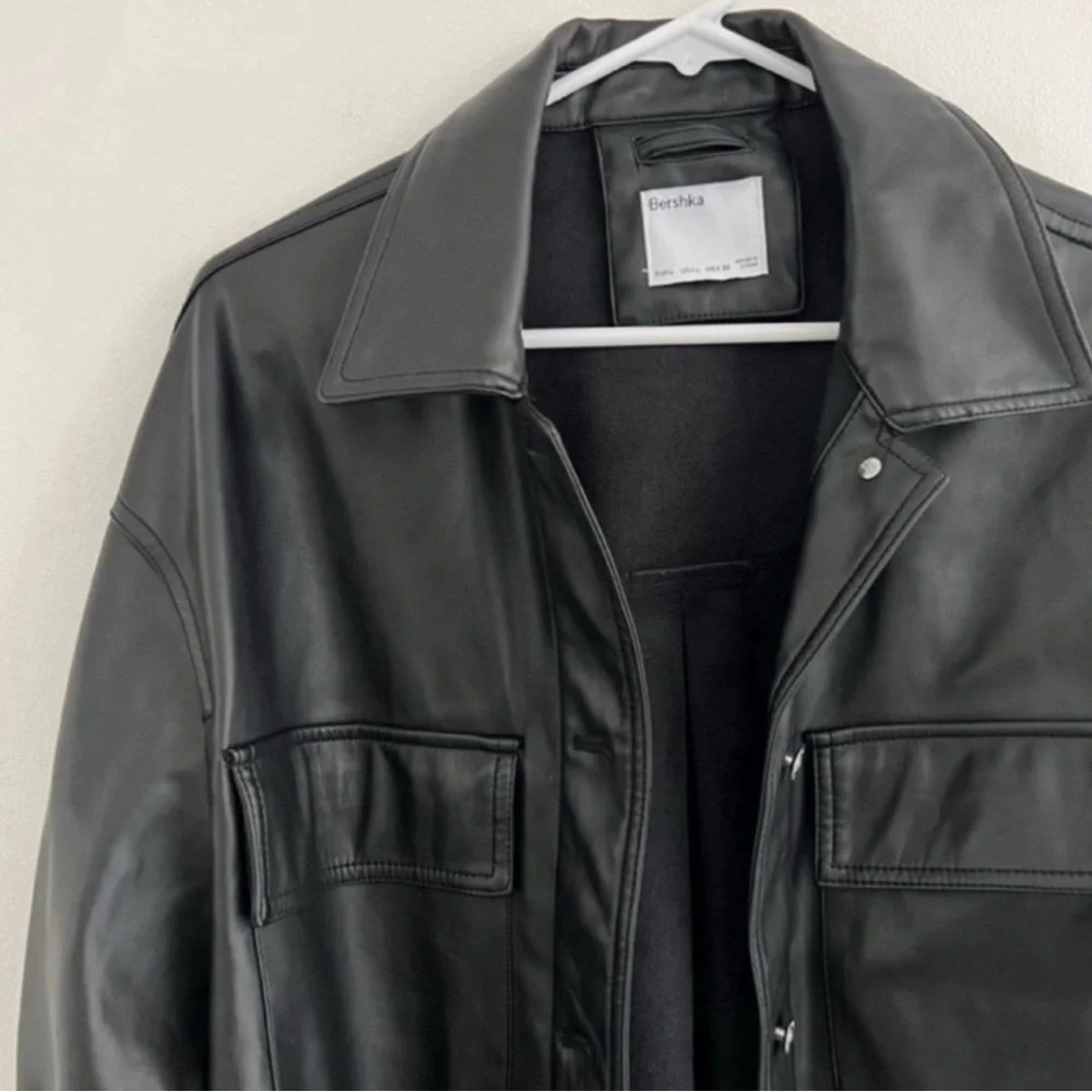 Bershka Black Vegan Leather Coat Large